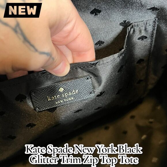 New NWT Kate Spade New York Black Glitter Trim Zip Top Tote Bag Purse - Picture 10 of 10